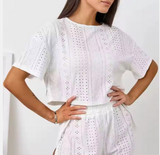 Luxury Monogram Print Loungewear – Elegant Women’s 2-Piece Set with Ribbed Vest & Striped Shorts