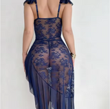 Luxury Sheer Mesh Nightgown – Elegant V-Neck Lace Sleepwear with Sophisticated Adjustable Silhouette
