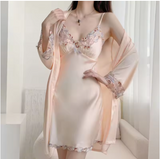 Luxury Cooling Satin Nightdress Set – Elegant 2-Piece Summer Sleepwear with Lace Trim & Built-in Padded Bra