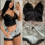 Luxury Lace-Trim Cami & Shorts Set – Elegant Women’s 2-Piece Sleepwear with Alluring Satin Detail