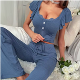 Luxury Ribbed Knit Pajama Set – Elegant Women’s Short Sleeve Crop Top & Trousers for Autumn/Winter Loungewear