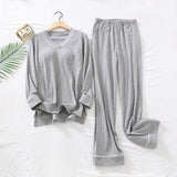 Women's Cotton Home Wear Pajamas Chest Pads All-Cotton Breathable Knitted Long-Sleeve Pants Set Elastic Waist V-neck Winter