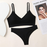 Women's Comfortable Underwear Set Pure Cotton Bra Triangle Cup Thong Panties Wire Free Support Bikini Type
