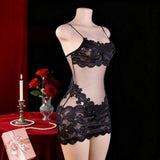 Sheer Gauze Transparent Water-Soluble Lace Sleeveless Polyester Pure Desire Sexy Nightdress Lingerie