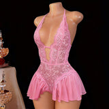 Plus-size New Style Lace Deep-V See-through Seductive One-piece Jumpsuit Open-crotch No-removal Women's Sexy