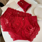 High-End Red Underwear for Ladies Cotton Crotch Mid-rise Dot Pattern Breathable Alluring Lace Wedding Shorts
