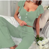 Luxury Ribbed Knit Pajama Set – Elegant Women’s Short Sleeve Crop Top & Trousers for Autumn/Winter Loungewear