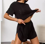 Luxury Monogram Print Loungewear – Elegant Women’s 2-Piece Set with Ribbed Vest & Striped Shorts