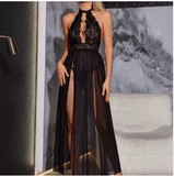 Luxury Lace Babydoll Chemise – Elegant Women’s V-Neck Mesh Nightdress featuring a Sophisticated Side Split Silhouette