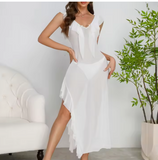 Luxury Deep V-Neck Mesh Dress – Elegant Pleated Trim & High Side Slit Spliced Nightdress