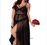 Plus Size Luxury Nightdress – Deep V-Neck Backless Slip with Elegant Mesh Detail