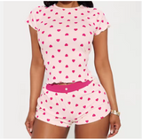 Chic Heart Print Pajama Set – Women’s Short Sleeve Sleepwear with Elegant Lettuce Trim & Crew Neck