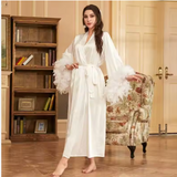 Luxury Feather-Trimmed Nightgown – Elegant Women’s V-Neck Loungewear with a Sophisticated Tie-Up Waist Design