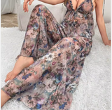 Luxury 2-Piece Printed Mesh Pajama Set – Elegant Women’s Sheer Nightgown and Sophisticated Loungewear