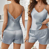 Sexy Women's Breathable Summer Satin Lace Strap Low-Rise Elastic Waist Sleeveless Pajamas Nightwear Homewear