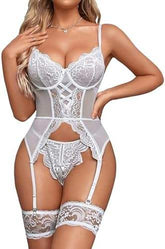 Women's Sexy Babydoll Satin Lingerie Set Bodysuit Lace Decoration Teddy Garter Belt Light Control Level No Stockings Included