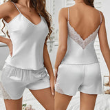 Sexy Women's Breathable Summer Satin Lace Strap Low-Rise Elastic Waist Sleeveless Pajamas Nightwear Homewear