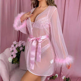 New Sexy Sheer Gauze Robe Bathrobe See-through Home Wear Furry Stitching Sleeves Mid-Length Sleepwear