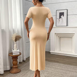 New Arrival 2-Color Body Shaping Skirt Round Neck Short Sleeve Dresses Thigh High Slit Dress