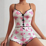 New Arrival Spandex Spring Heart-Shaped Printed Color-Block Clothing Front Slit Strappy Pajamas Set