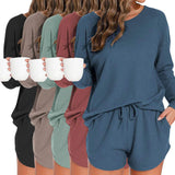 Waffle Knit Women's Pajama Set with Long-Sleeved Top and Shorts Elastic Waist Solid Pattern Casual Loungewear