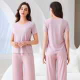 New Women's Pajamas Ice Silk Comfortable and Soft Short Sleeve Long Pants 2pcs Home Wear