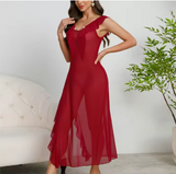 Luxury Deep V-Neck Mesh Dress – Elegant Pleated Trim & High Side Slit Spliced Nightdress