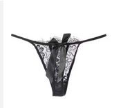 Chic Monochrome Lace Thong – Low-Rise Shiny T-Back with Delicate Bow & Thin Straps
