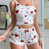 Home Women's Two-Piece Set Elastic Waist Spandex Heart Print Camisole Shorts Casual Ribbed Autumn Pajamas