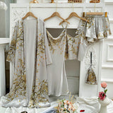 4-piece Nightdress Set Printing Night Dresses for Woman Ice Silk Women's Sleepwear