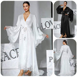 Black White Two-Tone Satin Lace Breathable Summer Elegant Robe Light Luxury Long Style Bell Sleeves Tie Sexy Home Dressing Gown