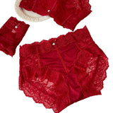 High-End Red Underwear for Ladies Cotton Crotch Mid-rise Dot Pattern Breathable Alluring Lace Wedding Shorts