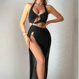 Solid Color Sexy Halter Tie Backless Lace Chiffon Hole Eco-Friendly Breathable Semi-Sheer Bodysuits Set