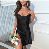 Luxury Satin Slip Nightdress – Elegant European Style Long Loungewear with Side Slit & Backless Design