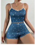 Charming Heart-Print Loungewear Set – Elegant 2-Piece Sleepwear with Delicate Bow Accents & Spaghetti Straps