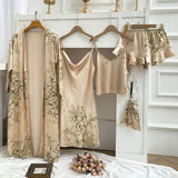 4-piece Nightdress Set Printing Night Dresses for Woman Ice Silk Women's Sleepwear