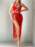 Solid Color Sexy Halter Tie Backless Lace Chiffon Hole Eco-Friendly Breathable Semi-Sheer Bodysuits Set