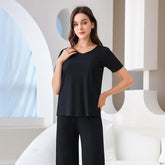 New Women's Pajamas Ice Silk Comfortable and Soft Short Sleeve Long Pants 2pcs Home Wear