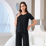 New Women's Pajamas Ice Silk Comfortable and Soft Short Sleeve Long Pants 2pcs Home Wear
