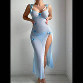 Summer New Foreign Sexy Perspective Long Dress Temptation Lace High Split Mesh Sexy Lingerie for Women