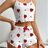 European & American Summer Strawberry Heart Print Ribbed Elastic Waist Camisole Shorts Two-Piece Set Women's Loungewear