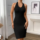 Women Sexy One-Pieces Silm Knitted Dress Seamless Halter Neck Backless Knee-Length Dresses