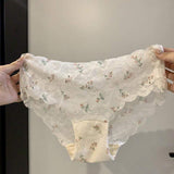 Lace Thin Sexy Underwear Women's Semi-Transparent Jacquard Wavy Edge Breathable Seamless Nylon Cotton-Crotch Mid-Waist