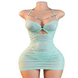 European American Mesh See-Through Halter Bodycon Dress Sexy Hip-Hugging Skirt Lingerie
