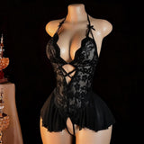 Lace Open-Crotch No-Removal One-Piece Bodysuit Sexy Women's Deep V-Neck Short Skirt Sheer Nylon Intimate Lingerie