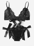 New European and American Style Sexy Women's Solid Color Hollow-out Bow Erotic Set