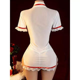 Lingerie Sexy Sheer See-Through Deep V-Neck Slit Lace Trim Nurse Skirt Uniform Set Pure Desire No-Undo Hip-Hugging ODM Polyester
