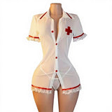 Lingerie Sexy Sheer See-Through Deep V-Neck Slit Lace Trim Nurse Skirt Uniform Set Pure Desire No-Undo Hip-Hugging ODM Polyester