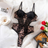 New Style Sexy Satin Women's Jumpsuit Leopard Print Steel Ring Gather-Up Underwear Suit with Lace Stitching