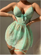 New European and American Style Erotic for Women Sexy Deep V Mesh Printed Nightdress Loungewear Set